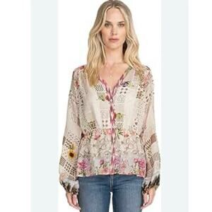 Johnny Was Fawn Beige Button Up Mixed Floral Boho Peasant Blouse Size M Tunic